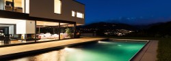 Modern villa, night scene,view from poolside